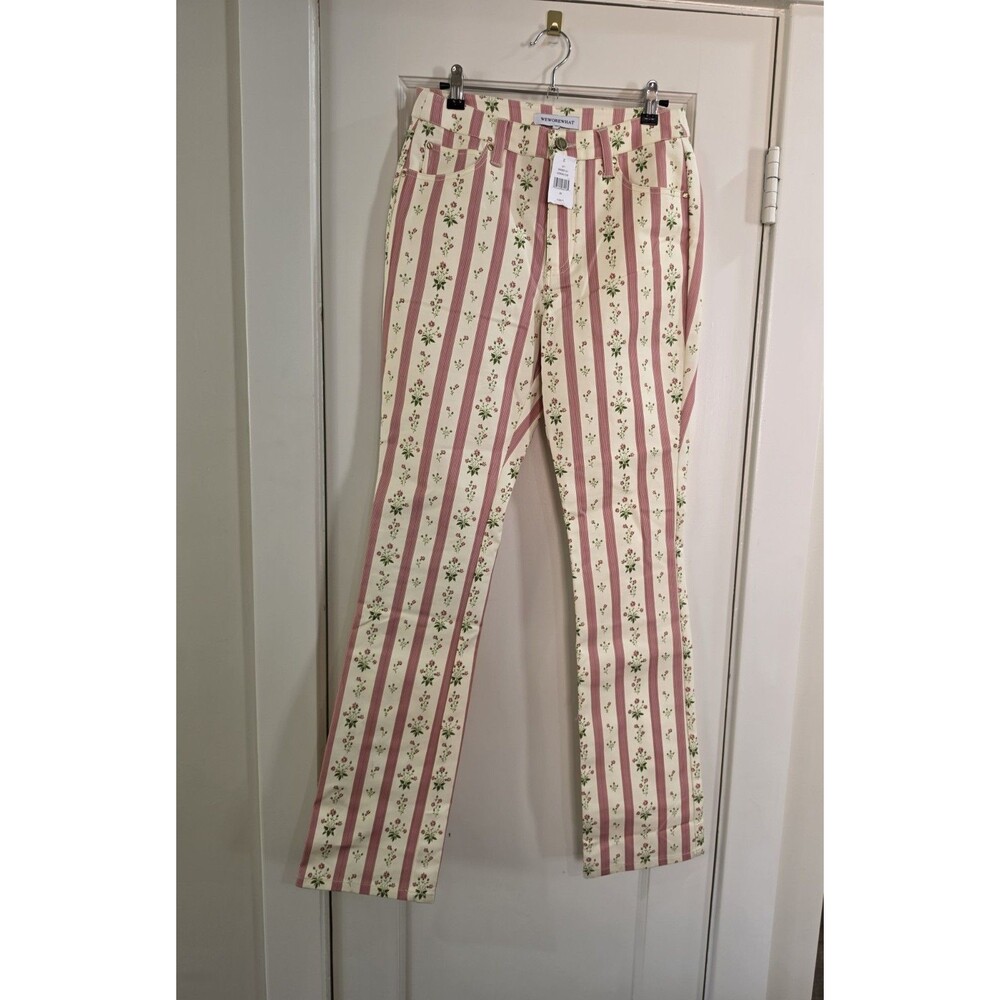 WEWOREWHAT Women's Cream Pink Green Striped Floral Straight-Leg Pants Button